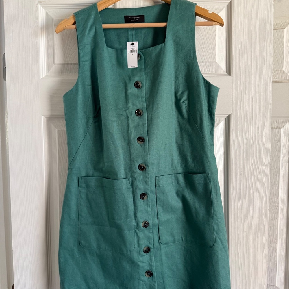 NWT Banana Republic Linen-Blend Square-Neck Mini Dress in green M - Picture 2 of 8